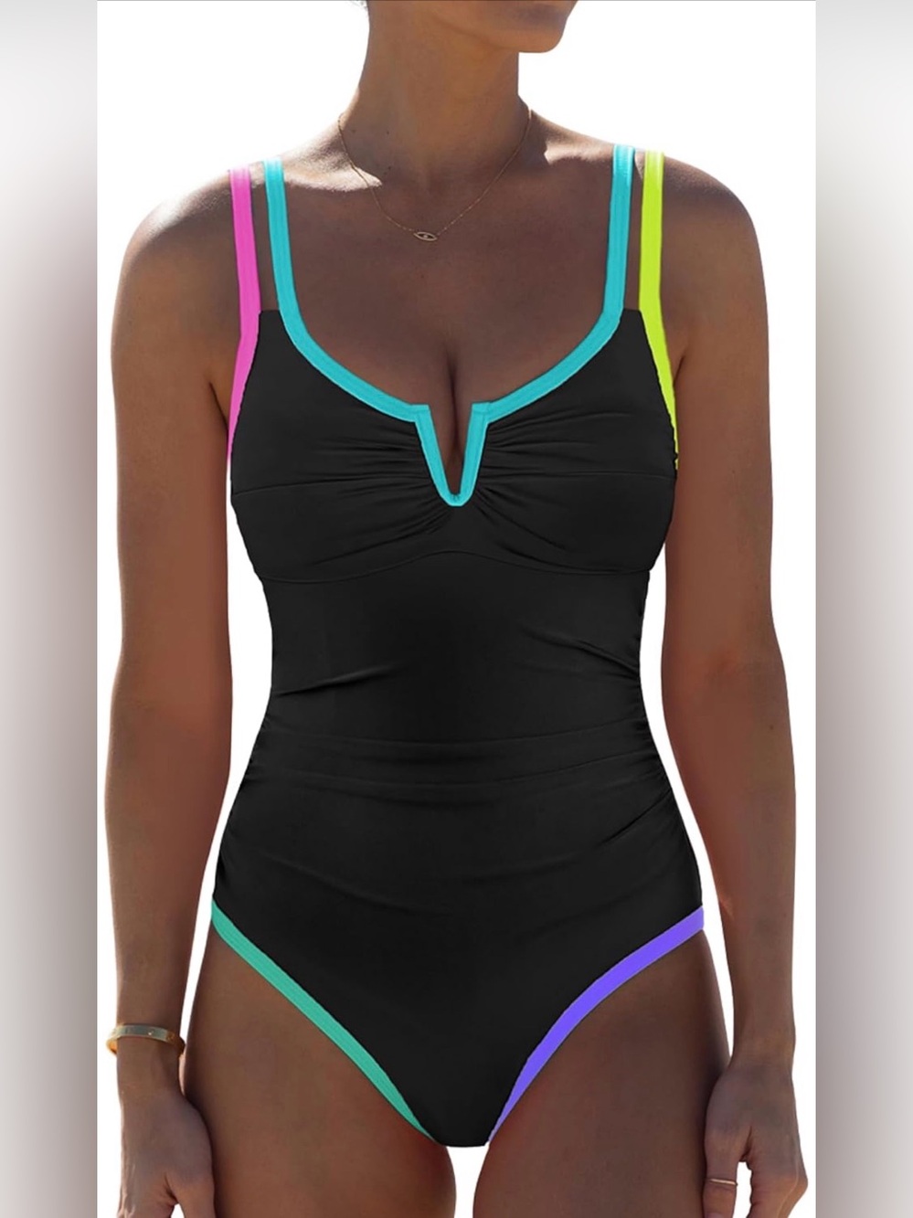 0148: Women One Piece Swimsuits Tummy Control - Sexy Cutout V Neckline Neon